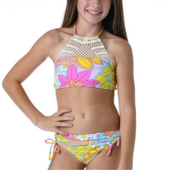 Hobie Girl Woodstock Floral Crochet High Neck 2-Pc Swimsuit Girl Sz: 16 NWT - Picture 1 of 7
